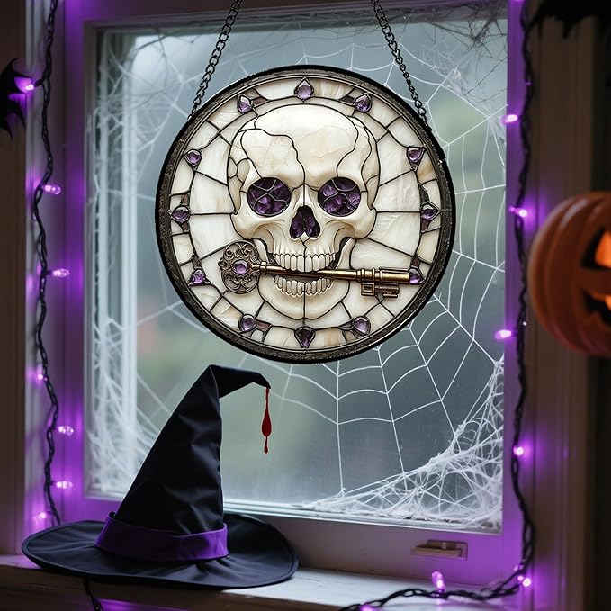 CRISGIF Stained Glass Window Hanging - Halloween Scary Skull Suncatcher for Doors Garden Home Spooky Purple Skeleton Key Sun Catchers Gothic Decor Horror Gifts for Women Men Friend Boy Girl 7.8 in