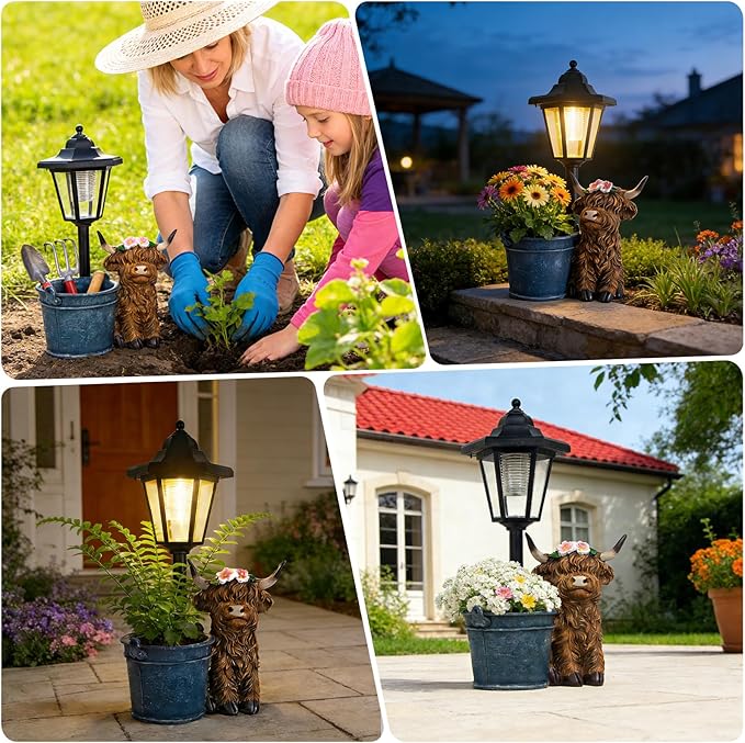YEPOTUE Solar Highland Cow Outdoor Statue, Garden Decor with Flowerpot & Lantern Highland Cow Figurines for Yard Art Lawn Ornaments Porch Patio Balcony - Gifts for Women Mom
