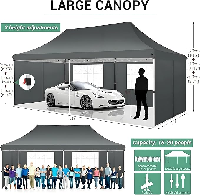COBIZI 10x20 Pop Up Canopy with 6 Sidewalls, Conical Party Tent 10x20 with 3 Adjustable Height Waterproof, UV-Resistant with Carry Bag, Sandbag, Stake, Ropes for Parties, Commercial (Frame Upgraded)