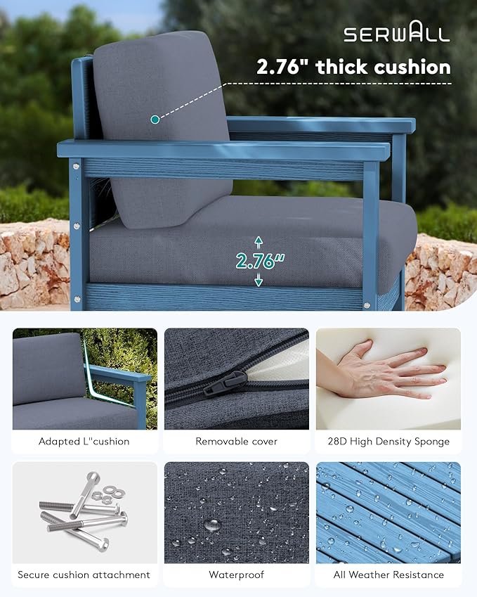 SERWALL 4 Pieces HDPE Outdoor Sofa Set with Cushion, All Weather Use Conversation Couch Set, Outdoor Loveseat Social Furniture with Coffee Table and Cushions, Blue Frame with Grey Cushions
