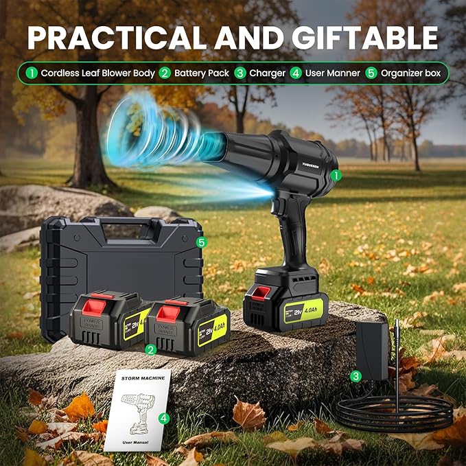 Cordless Leaf Blower, 980,000 RPM Handheld Leaf Blower with 2 X 4.0Ah Batteries & Charger, Lightweight Leaf Blowers for Patio Cleaning, Lawn Care, Leaves, Dust - Cool Black