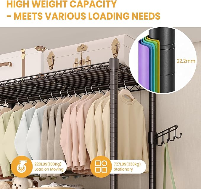 Heavy Duty Rolling Clothes Rack with 22 mm pipes, 694LBS Metal Garment Rack for Hanging Clothes, Freestanding Clothing Racks with Adjustable Storage Shelves Hanging Rod & Side Hooks