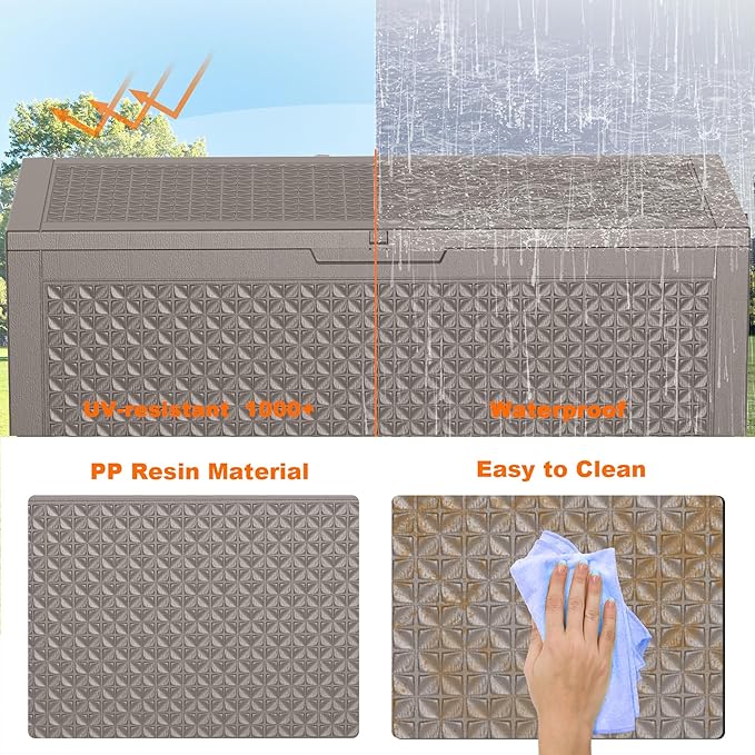 EasyUp 120 Gallon Outdoor Storage Box Waterproof, UV Resistant Resin Deck Box with Hydraulic Rod, Reinforced Stability for Patio, Garden, Quad Leaf Grey