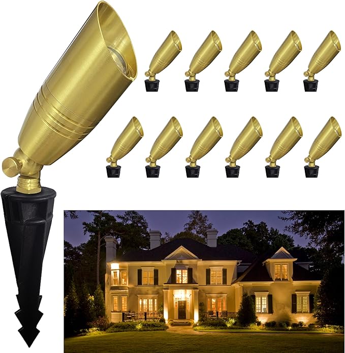 Brass Outdoor Spotlights,12V Low Voltage Landscape Lighting Without Bulb, Waterproof Landscape Spot Lights for Yard,Garden,Lawn,Tree (12-Pack Without Bulb)