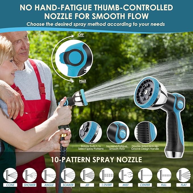 Garden Hose 150 ft Non-Expandable - Ultra Lightweight Super Flexible & Kink-Free Water Hose with Shut-Off Valve, 10-Pattern Nozzle & Holder, Leakproof Heavy Duty Hose for Yard Outdoor, Blue