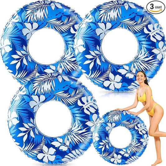 Jumbo Float Tube 47.24 Inches Inflatable Pool Floats Large Pool Tube Tropical Leaves Inflatable Tube Blue White Pool Rings Beach Swimming Ring for Adults Summer Supplies