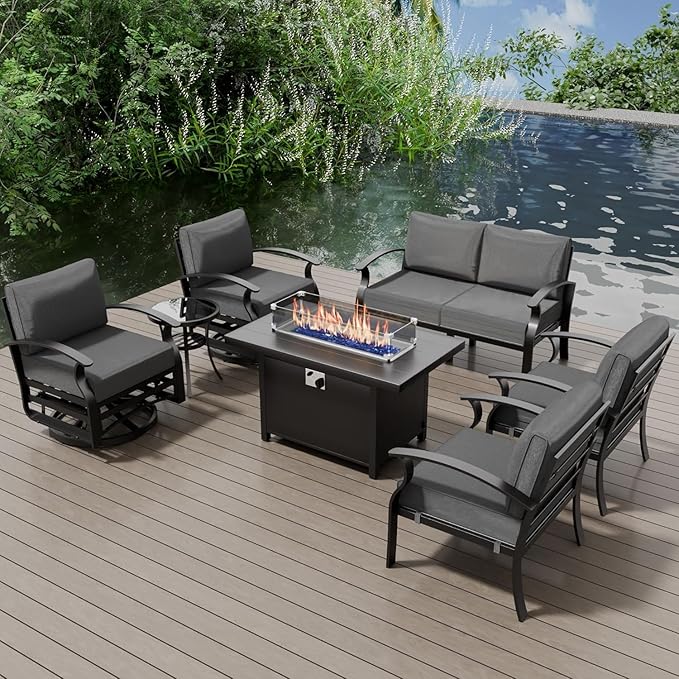 Aluminum Patio Furniture Set with Fire Pit Table, 6 Seats Outdoor Patio Conversation Set with Swivel Chair Modern Metal Patio Sectional Sofa with Upgrade Cushions for Patio, Backyard Grey.