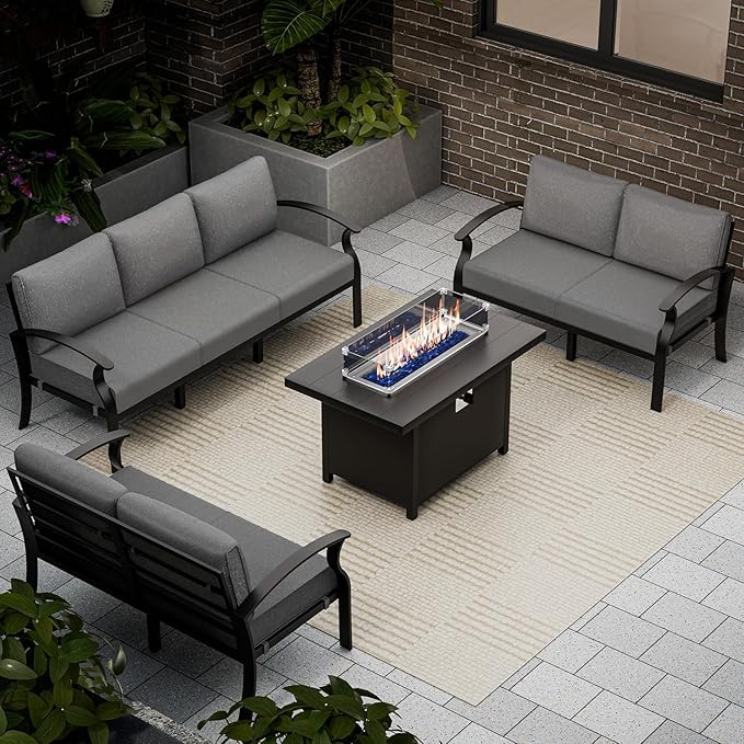 Aluminum Patio Furniture Set with Fire Pit Table, 7 Seats Outdoor Conversation Set Modern Metal Patio Sectional Sofa with Upgrade Cushions for Patio, Backyard (Grey)