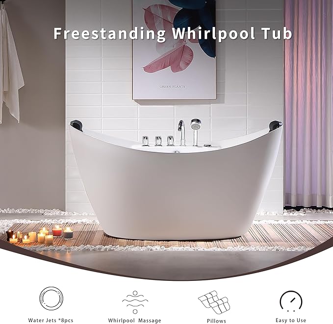 Empava 59 inch Acrylic Freestanding Tub Hydromassage Gracefully Oval Shaped Whirlpool 8 Water Jets Soaking SPA, Double-Ended Massage Bathtub with 2 Black Pillows, White