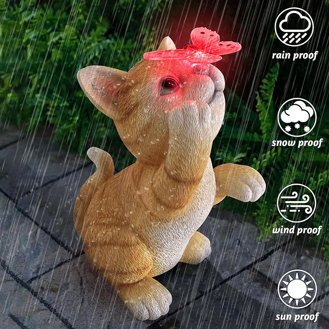 PaLuQiYa Solar Garden Statue Cat Figurine,Resin Cat Statue Playing Butterfly,Outdoor Decoration for Patio,Balcony,Yard, Lawn-Unique Housewarming Gift for Garden Mom Grandma