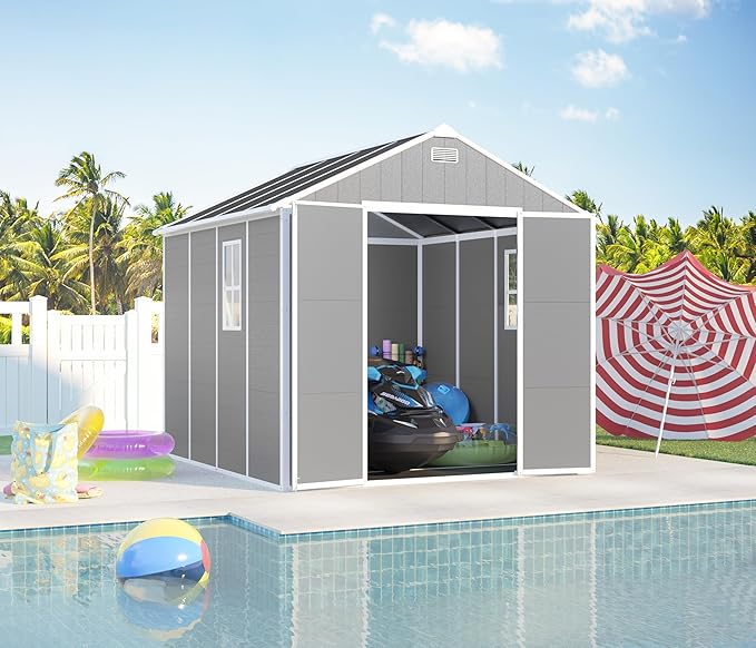 8X8 FT Resin Outdoor Storage Shed, Plastic Garden Sheds with Floor to Store Patio Furniture, Gardening Tools, Outside Patio Storage House with Window &Lockable Door for Backyard, Lawn, Grey