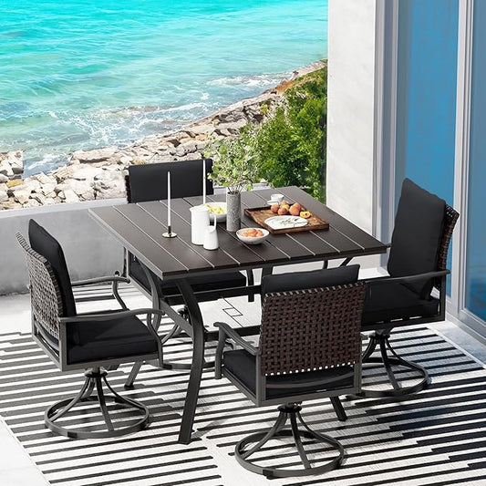 LEVELEVE 5 Piece Outdoor Patio Dining Set with 4 Swivel Dining Chairs & 1 Large Square Dining Table,Bistro Furniture Set for Lawn, Garden, Deck, Backyard and Porch