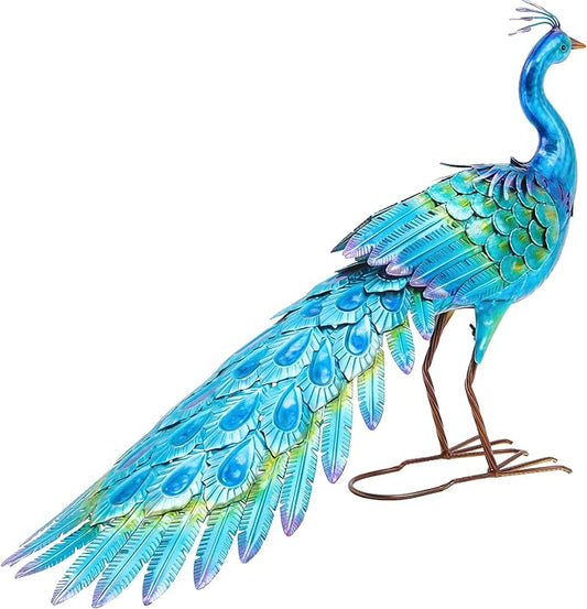 Ultym 31" Metal Peacock Yard Decor - Handmade Oversize Peacock Sculptures with Stable Ground Stakes, Backyard Decoration, Metal Garden Art