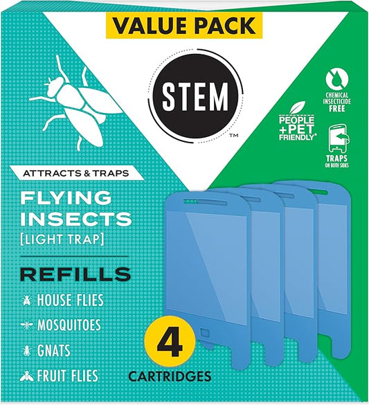 STEM Insect Light Trap Refill Cartridges, Indoor Fruit Fly Trap, Insecticide-Free Pest Control for Home, Attracts and Traps Flying Insects, Official STEM Refills - 4 Count