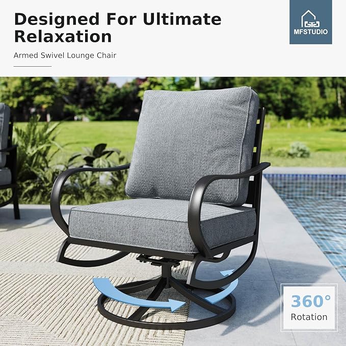 MFSTUDIO 6 Pieces Patio Furniture Sets with 45" Gas Fire Pit Table(Up to 7 Seat),Outdoor Metal Frame Patio Conversation Sofas with 1 x 3-Seat Sofa, 2 Swivel Chairs and 2 Ottoman, Grey Cushion