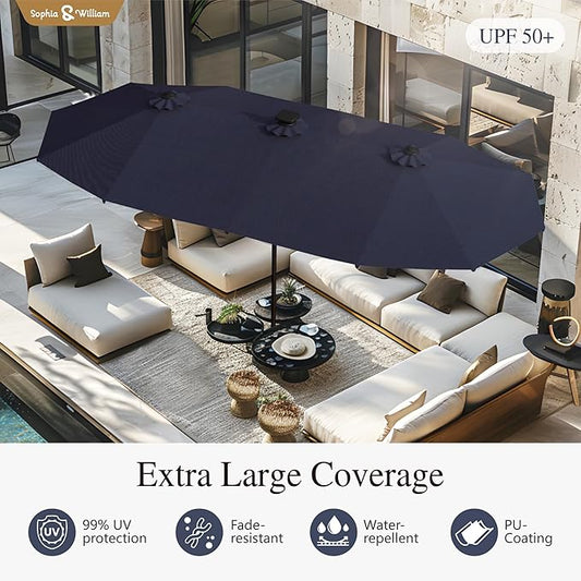 Sophia & William 13ft Outdoor Patio Umbrella with Solar Lights, Large Double-sided Umbrella with LED Lights, Perfect for Garden, Deck, Pool, Navy Blue