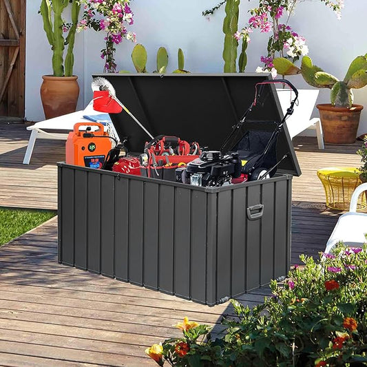 Domi 160 Gallon Deck Box, Outdoor Metal Lockable Storage Cabinet, Waterproof Steel Outdoor Bench with Lockable Lid, Side Handles & Rolling Casters for Outside Cushions, Pillows, Garden Tools, Grey