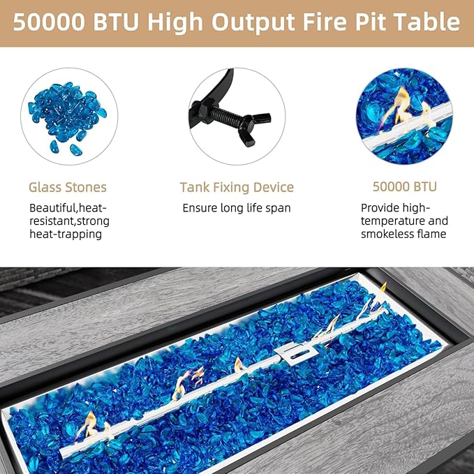 JAMFLY Propane Fire Pit Table 45 Inch, 50,000 BTU Outdoor Gas Firepit Table for Outside Patio, Blue Glass Rocks,Waterproof Cover, Gray