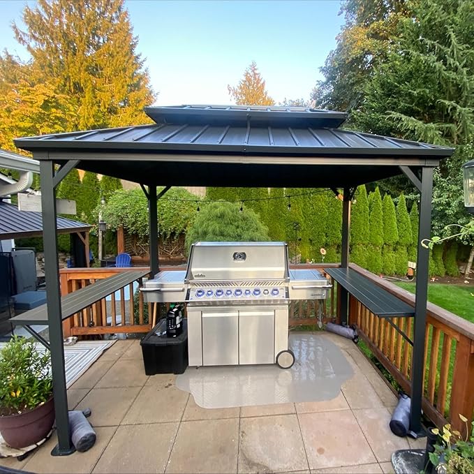 PURPLE LEAF 6' X 9' Hardtop Grill Gazebo for Barbecue Patio Permanent Metal Double Roof with Ceiling Hook and Shelves Outdoor Aluminum Sun Shade BBQ Gazebo