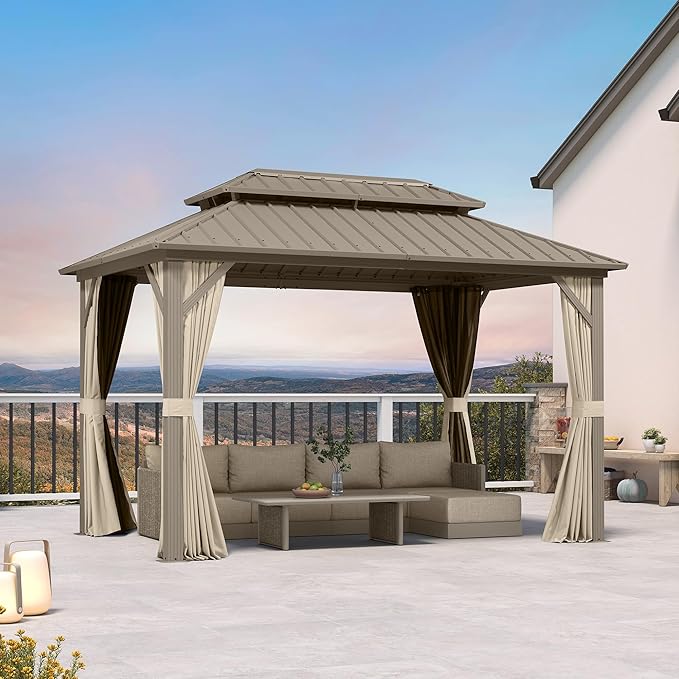 PURPLE LEAF 8' x 12' Outdoor Hardtop Gazebo, Champagne Aluminum Gazebo with Galvanized Steel Double Roof, Curtains and Netting for Patio Lawn and Garden