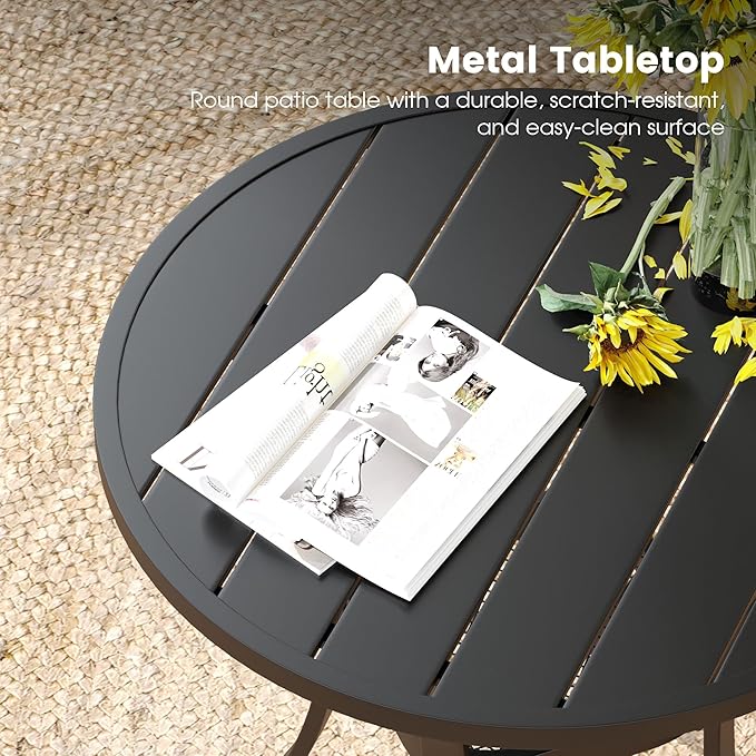 DIFY 27.6" Round Patio Dining Table, Outdoor Bistro Table with Rust Resistant Metal Frame, Ideal for Lawn, Backyard and Deck, Black