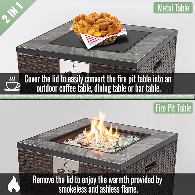 Propane Fire Pit Table, 24" Firepits for Outside, Gas Fire Pit for Outside Patio, Propane Fire Table w/Steel Lid, Rain Cover for Patio, 50000BTU, Tank Outside, Tank Not Included, Espresso
