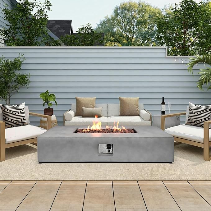 54-inch Propane Fire Pit Coffee Table with Tank Cover Table - 50,000BTU Outdoor Modern Concrete Rectangle Fire Table, Waterproof Cover, Auto-Ignition, Free Lava Rocks & Metal Lid