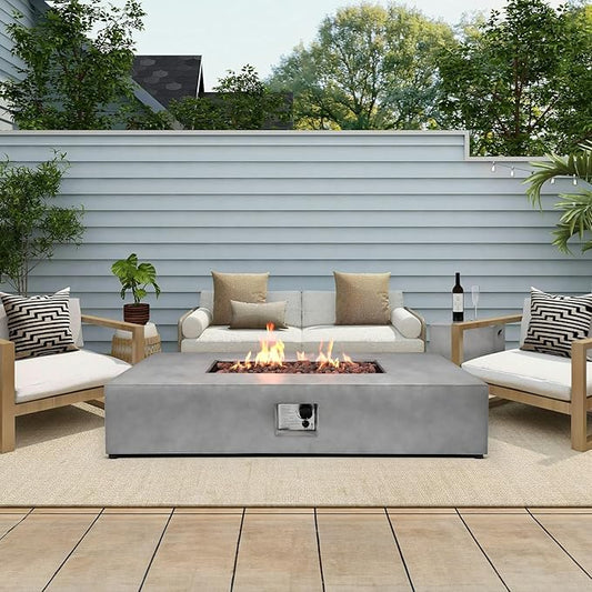 54-inch Propane Fire Pit Coffee Table with Tank Cover Table - 50,000BTU Outdoor Modern Concrete Rectangle Fire Table, Waterproof Cover, Auto-Ignition, Free Lava Rocks & Metal Lid