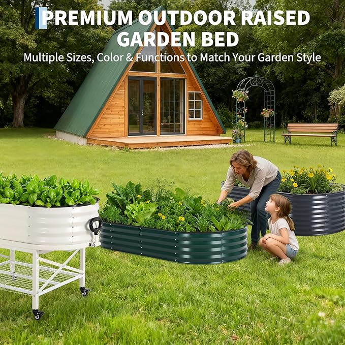 Oval Galvanized Raised Garden Bed Kit with Zippered PVC Cover, Easy Assembly, Thick Metal Outdoor Planter Box for Vegetables, Flowers, Patio Gardening, Dark Green