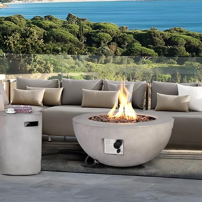 31.5" Round Propane Fire Pit Table,50,000 BTU Outdoor Gas Fire Table with Tank Cover & Lid,Gray Concrete Firepit for Patio,Backyard,Garden and Pool