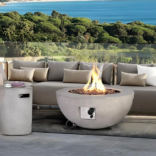31.5" Round Propane Fire Pit Table,50,000 BTU Outdoor Gas Fire Table with Tank Cover & Lid,Gray Concrete Firepit for Patio,Backyard,Garden and Pool