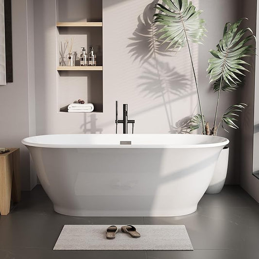 67" Free Standing Tub, Acrylic Soaking Bathtub, Stand Alone Freestanding Tub with Matte Sliver Drain and Overflow, Contemporary Bathtub for Bathroom, Grey