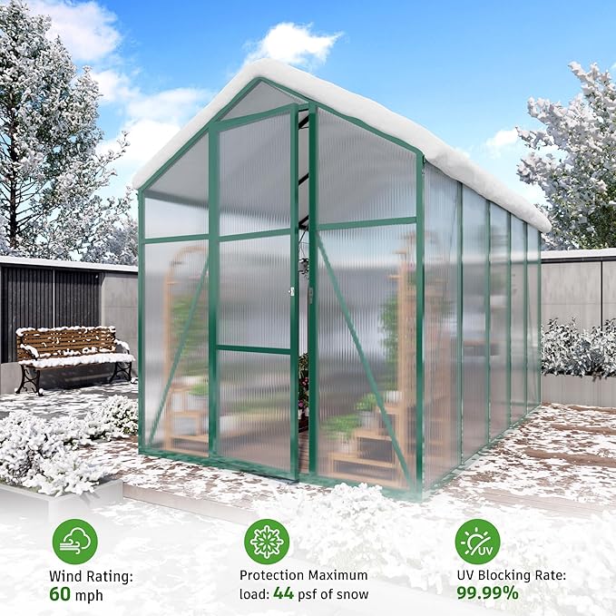 Greenhouse for Outdoors 6.1x6.1x7.2 FT, Polycarbonate Greenhouses with Roof Vent, Lockable Door and Ground Nails, Heavy-Duty Aluminum Walk-in Green House, Large Sunroom for Garden, Green