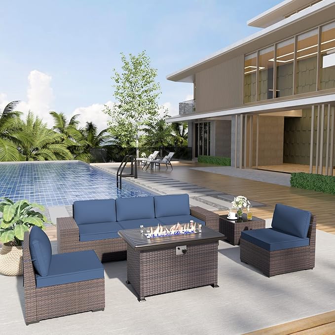Kurapika 7 Pieces Patio Furniture Set, Rattan Outdoor Conversation Sets w/43in Propane Fire Pit Table and 4 Inch Cushion(Navy Blue)