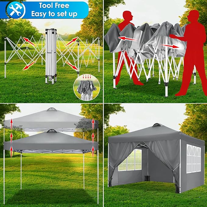 COBIZI Canopy Tent 10x10 Pop Up Outdoor Canopies with 4 Sidewalls Waterproof Commercial Instant Gazebo Tents for Party Patio Backyard with 4 Sandbags, 4 Stakes & 8 Ropes, Grey