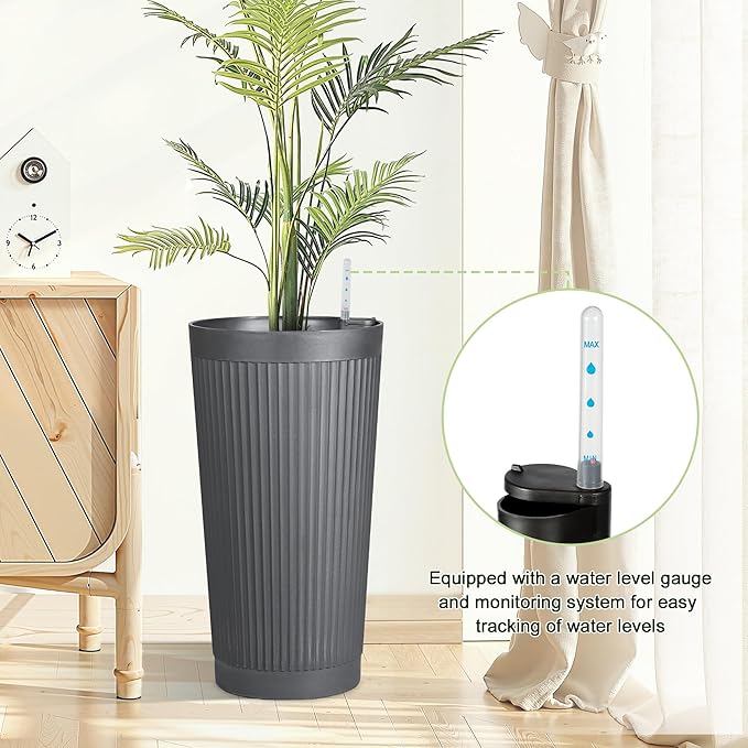 24" Tall Self Watering Planters for Indoor Plants, 2 Pack Large Plastic Outdoor Planter Pots with Built-In Water Reservoir and Level Indicator, Decorative Modern Flower Pots for Home & Patio (Grey)