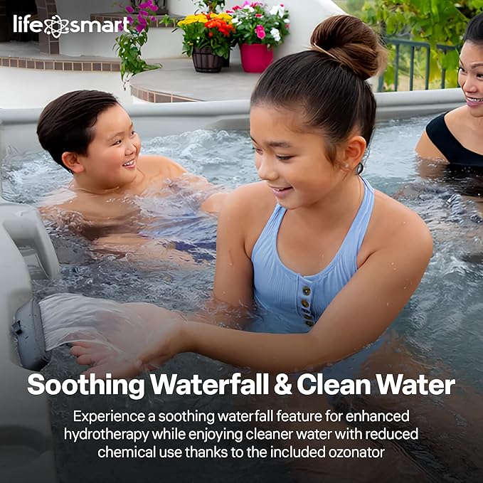 LifeSmart 5-Person Hot Tub – Outdoor Spa with 28 Jets, LED Lights, Waterfall, Ozonator & Cover – Sand-Colored Above-Ground Spa for Home Use