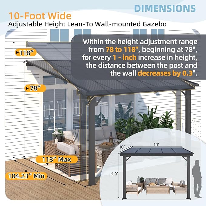 AECOJOY 10' x 10' Adjustable Height Outdoor Gazebo Pergola for Patio, Large Wall-Mounted 8.1-9.8 Ft Hard Top Lean to Metal Heavy Duty Metal Awnings Shelter Pergolas and Gazebos Clearance with Roof
