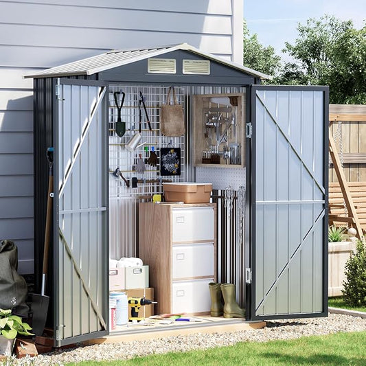5x3 FT Outdoor Metal Storage Shed with Floor Frame, Double Door, 1 Clear Window, Tool Shed for Garden, Patio, Backyard