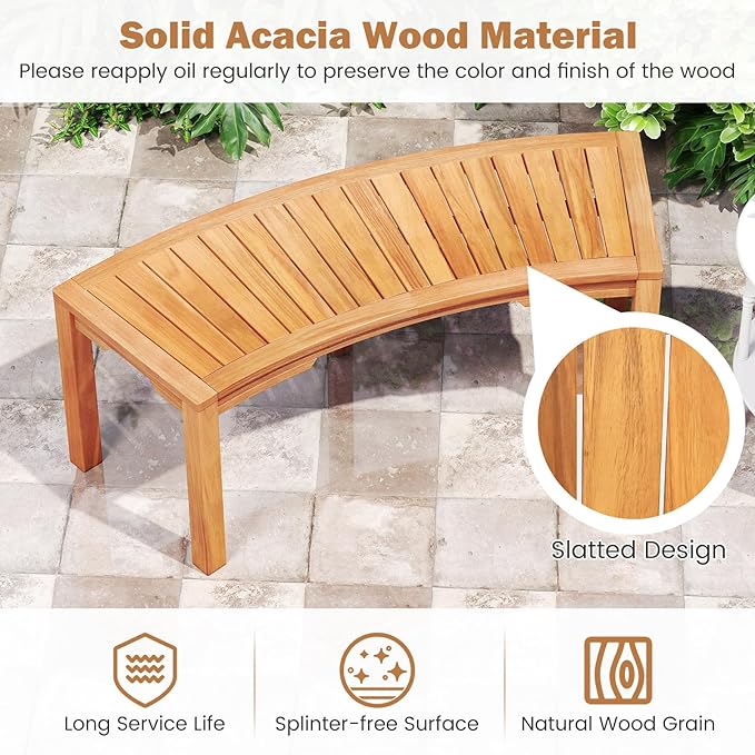 RELAX4LIFE Wooden Outdoor Curved Bench - Acacia Wood Garden Bench w/Slatted Seat, 2-Person Outside Backless Seating for Porch Backyard Deck Park, 800 LBS Load Capacity, Patio Fire Pit Bench (2, 45'')