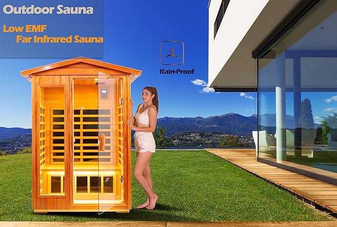 LTCCDSS Mahogany Outdoor Sauna 2 Person,Super Low EMF Far Infrared Sauna for Home, Withstand Outdoor Temp -10℉-149℉| EMF Readings Below 0.5mG, 9 Low EMF Boards-Chromotherapy-Bluetooth Speaker