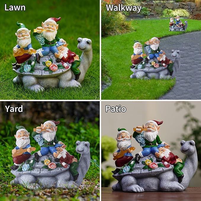 NATASE Solar Garden Outdoor Statues Gnome Turtle Three Gnomes Having Party on Turtle with 7 LED Lawn Decor Outside Decorations for Patio, Balcony, Yard Ornament Unique Garden Gift