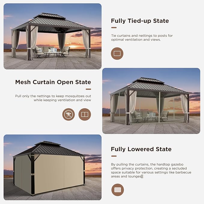 GREEN PARTY 12 X 16ft Hardtop Gazebo with Nettings and Curtains, Heavy Duty Double Roof Galvanized Steel, Outdoor Aluminum Gazebos Pergolas for Patios, Backyard, Deck, Garden, Lawns