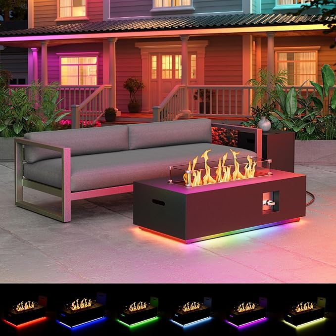 42 inch Propane Fire Pit Table, 2 in 1 Outdoor Fire Pit with 20lb Tank Cover, Outside Patio Deck and Garden, LED Gas Fireplace Table with Lid and Stone, 50,000 BTU Adjustable Flame, Black