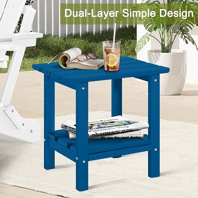 ABCPATIO Adirondack Outdoor Side Table, 2-Tier Small Patio End Table, Weather Resistant HDPE Outdoor End Tables for Garden, Lawn, Pool, Beach, Porch, Deck, Backyard - Square, Dark Blue