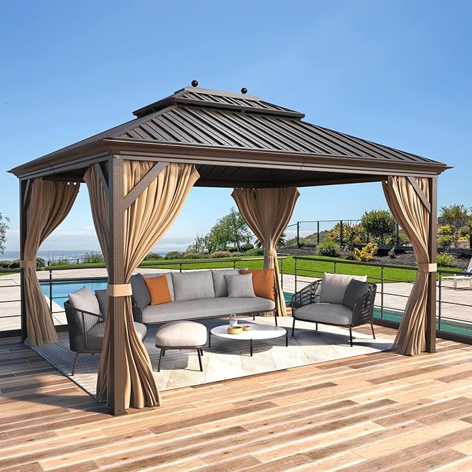 MELLCOM 12' x 14' Hardtop Gazebo, Brown Permanent Pavilion Gazebos with Curtains and Netting, Galvanized Steel Metal Double Roof with Aluminum Frame for Patios, Gardens, Lawns