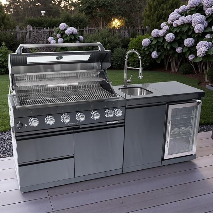 82 Inch 6 Burner 85000 BTU Deluxe Stainless Steel Gas BBQ Island Outdoor Kitchen with Wine Cooler, Rotisserie Kit, Granite Countertops & Stainless Steel Sink - Modular Outdoor Kitchen