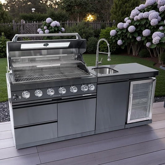 82 Inch 6 Burner 85000 BTU Deluxe Stainless Steel Gas BBQ Island Outdoor Kitchen with Wine Cooler, Rotisserie Kit, Granite Countertops & Stainless Steel Sink - Modular Outdoor Kitchen