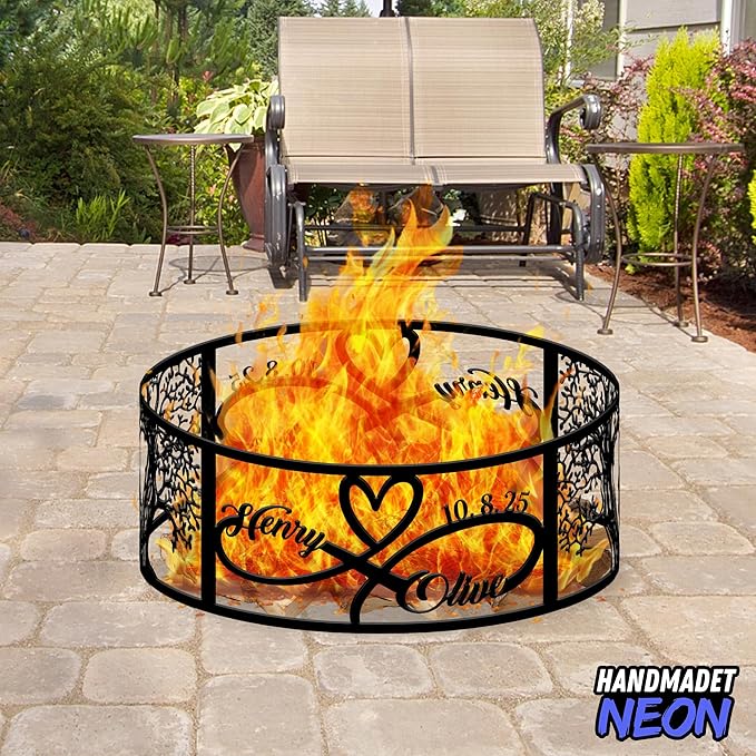 Personalized Heart Infinity Fire Pit Ring 360 Degree, Custom Name Metal Outdoor Campfire Pits, Fireplace, Bonfire, BBQ Garden Decor, Romantic Wedding Gifts for Couples, Soulmate
