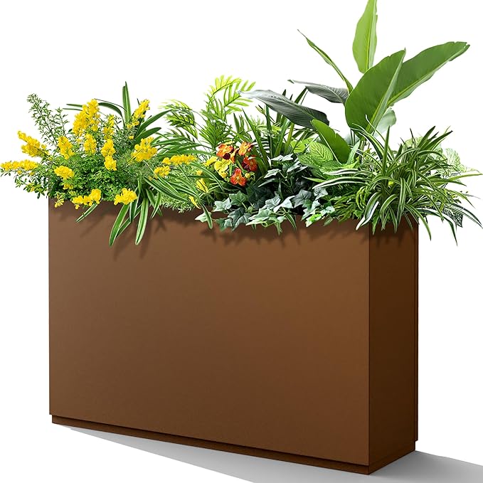 FENCY Metal Rectangular Planter Box for Outdoor - Large Planters with Drainage Holes (35.4" L x 9" W x 25.6" H, Brown)